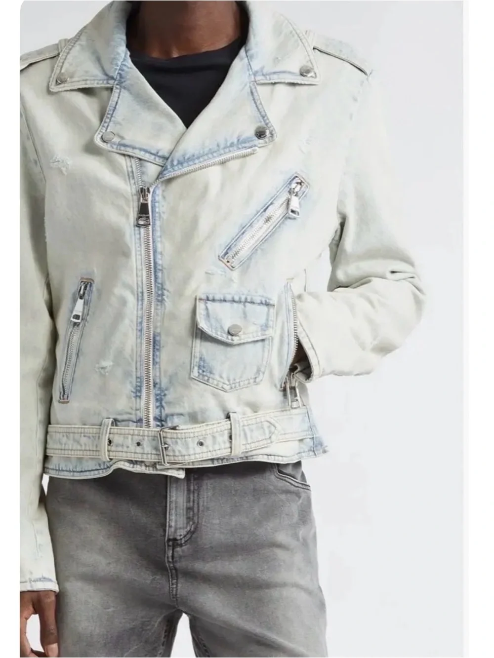41 BALMAIN NWT 2600.00 UNISEX 52 Faded Denim Moto Jacket